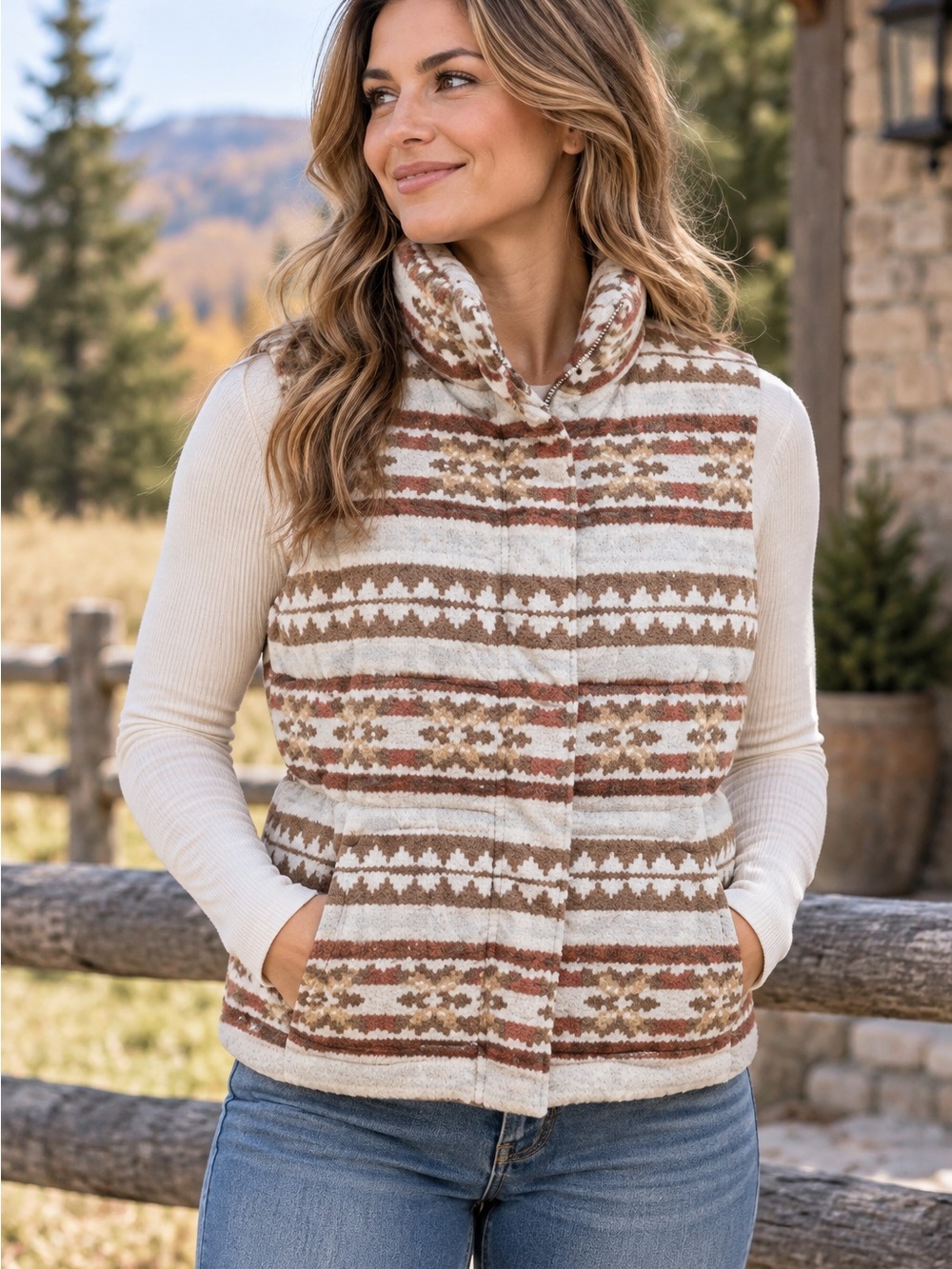 Charter Club Fair Isle Puffer Vest Womens Size L Sleeveless Winter Zip Up
